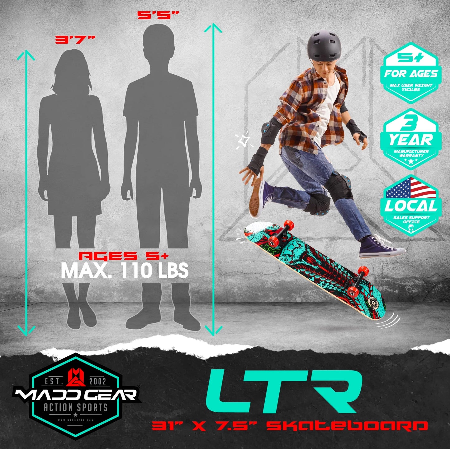 Beginner Skateboard for Kids and Teens – 31" Maple Deck – ABEC-5 Bearings – Easy to Ride – LTR